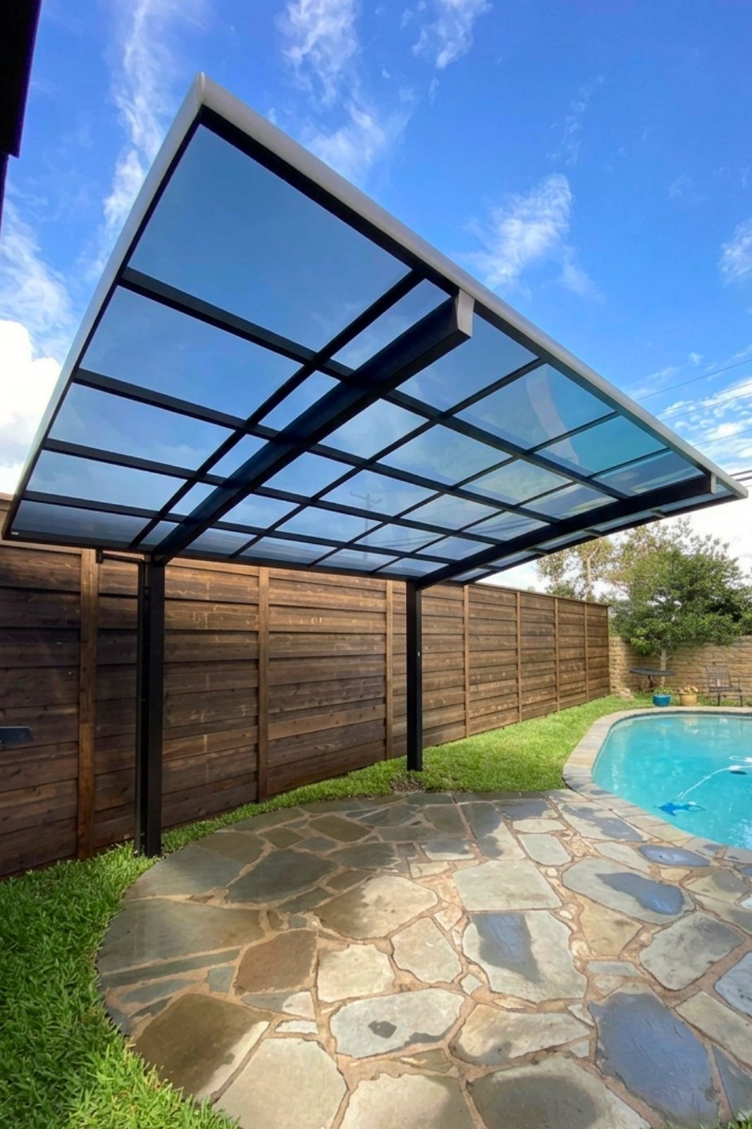 Cantilever PJR Series Patio Cover - Dallas, TX (Dark Bronze with Blue Smoke panels)