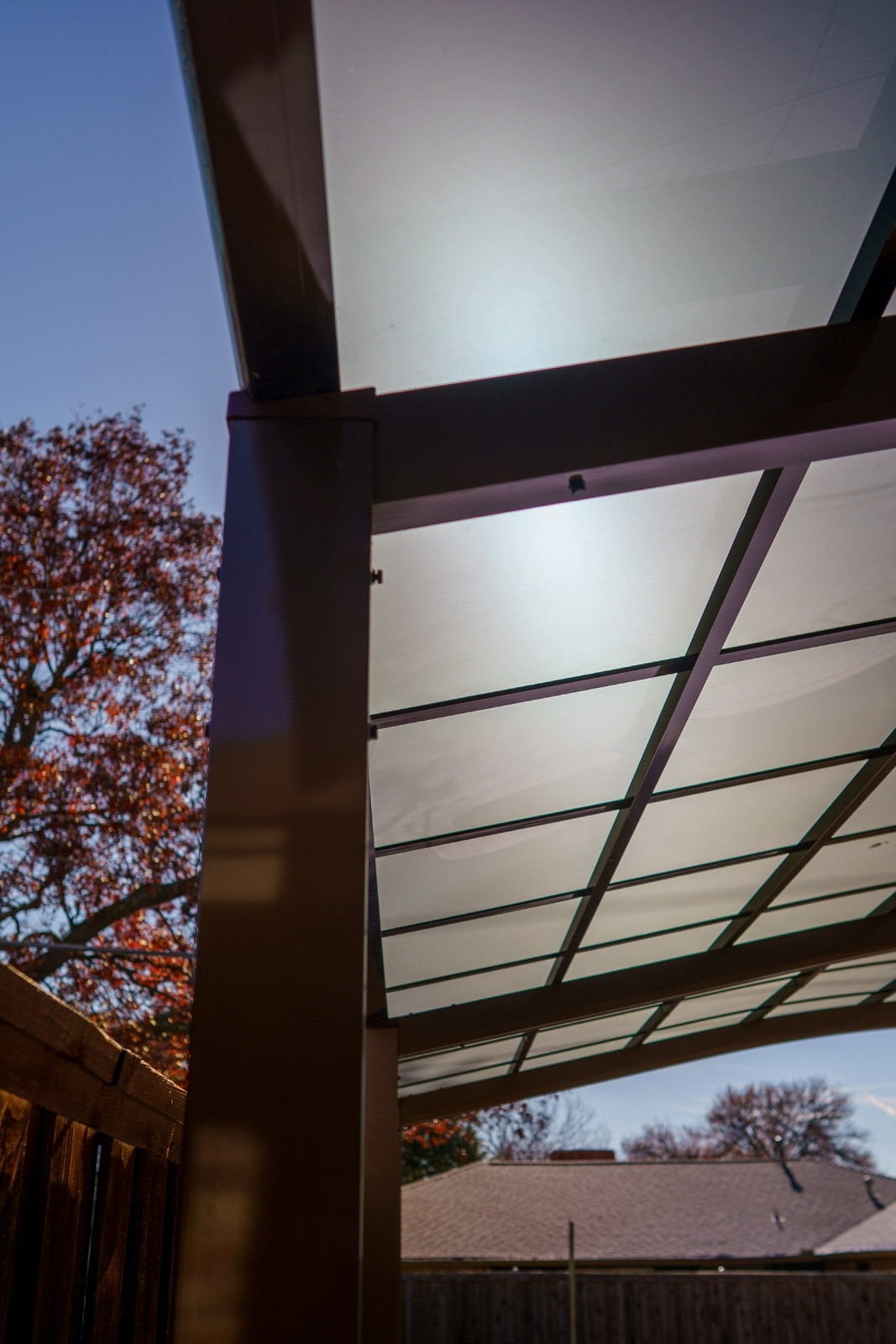 Freestanding PJW Series Patio Cover - Plano, TX (Dark Bronze with Blue Smoke Panels)