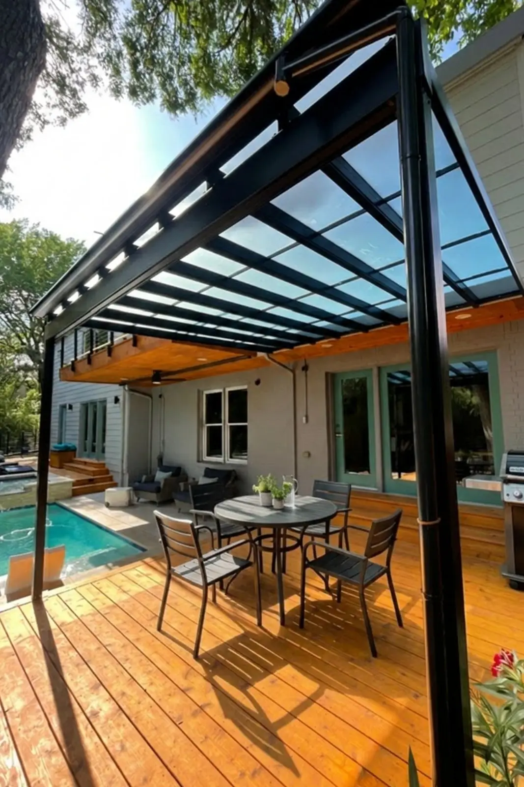 Attached RevoLu TF Series Patio Cover - Dallas, TX (Black with Blue Smoke panels)